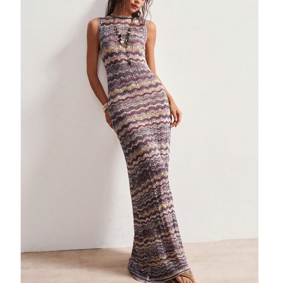 Boho Striped Color Block Knit Fitted Sleeveless Maxi Dress - Picture 3 of 6